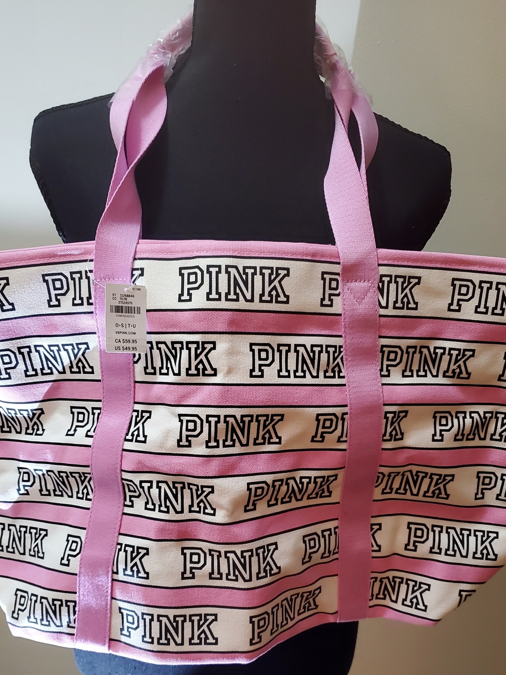 PINK Victoria's Secret Pink and Cream Striped Canvas Tote